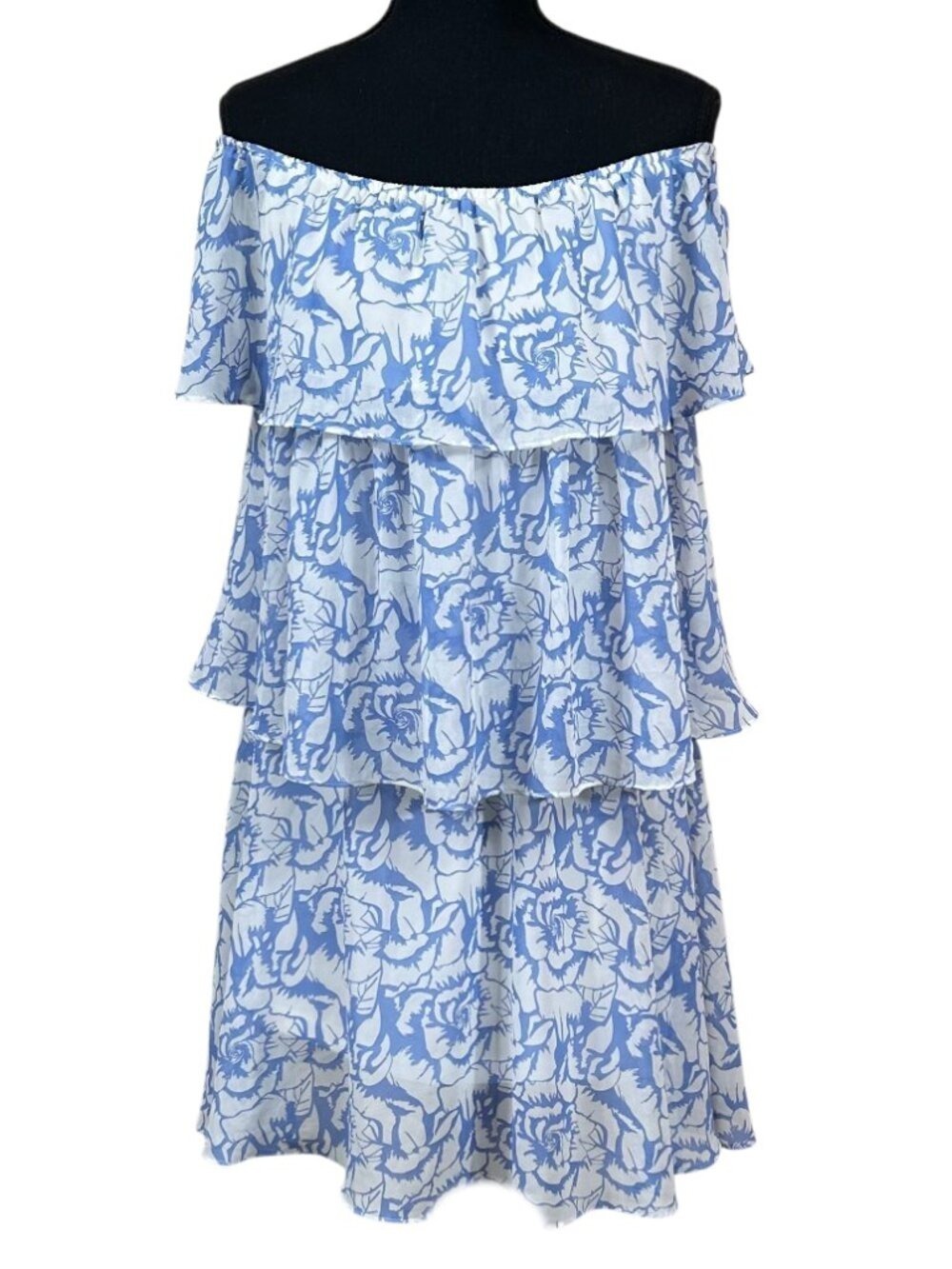 Pink Lily Blue Floral Tiered Off-Shoulder Beachy Gypsy Summer Dress Size L